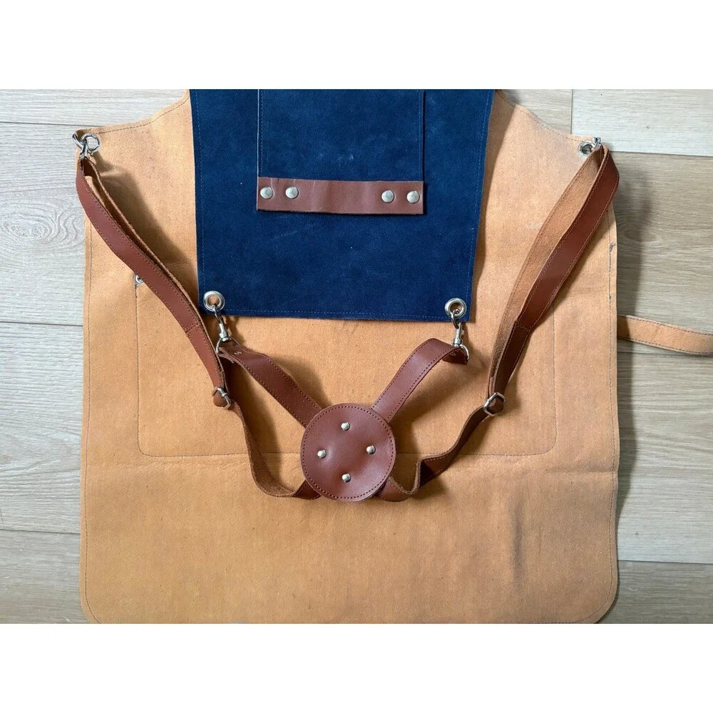 Blue Suede Leather Apron Adjustable Crossback Straps Chef Grilling Workshop
